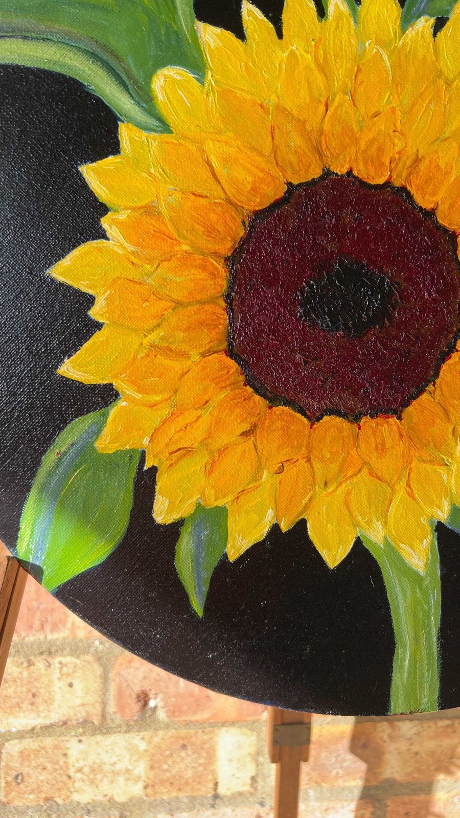 Contemporary Sunflower Painting On Round Canvas By Margaret Mcandrew photo for sale