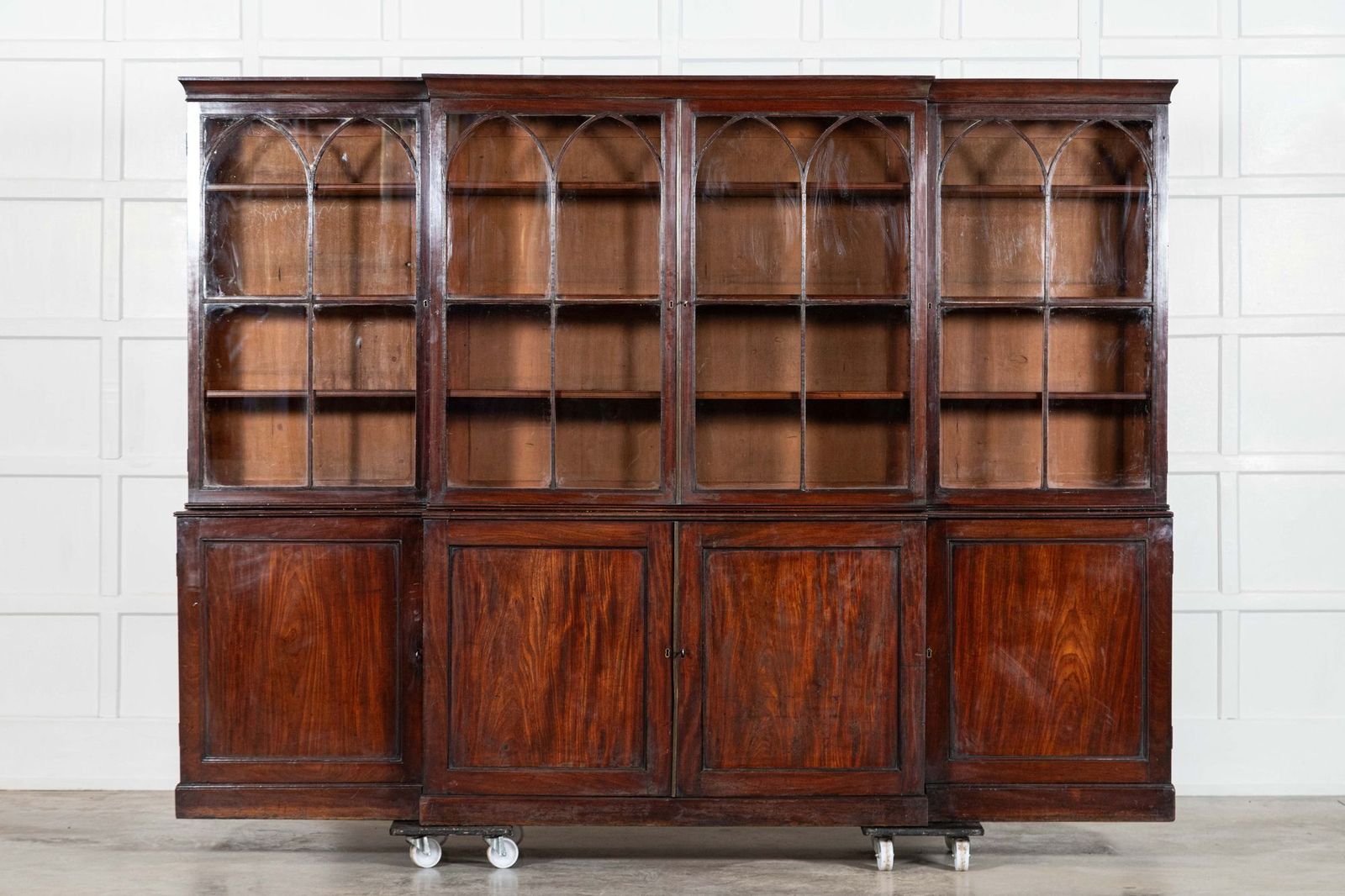 Monumental English Early 19thc Astral Arch Glazed Mahogany Breakfront Bookcase
