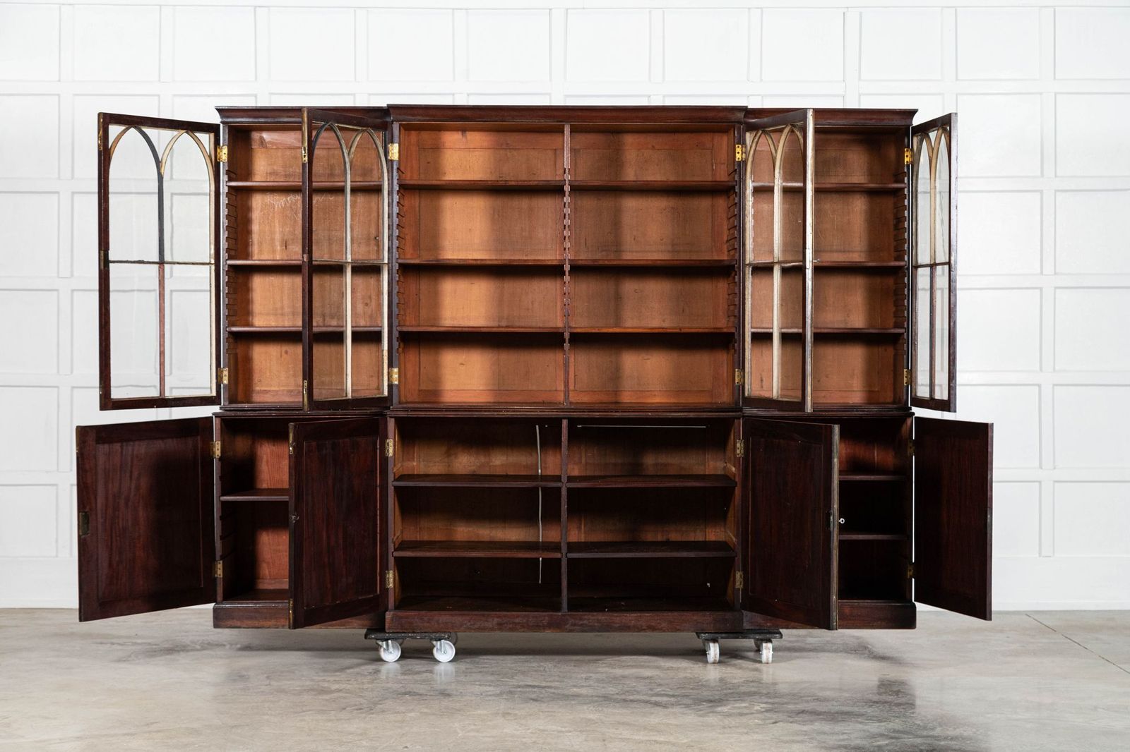 Monumental English Early 19thc Astral Arch Glazed Mahogany Breakfront Bookcase photo furniture