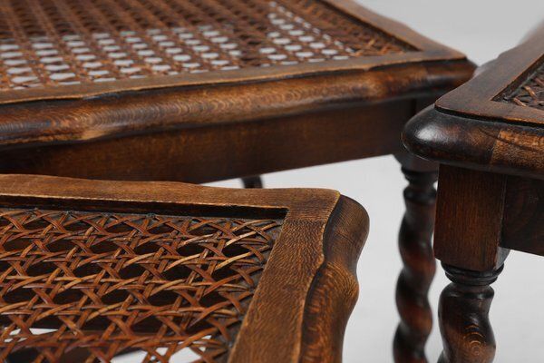20th Century Oak And Rattan Nesting Tables, Set Of 3 photo for sale