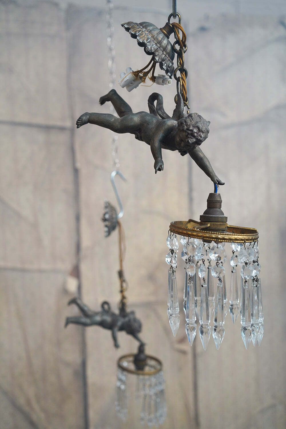 An Early 20thc Pair Of Spelter And Prism Glass Hanging Putti Pendants C.1900 10 photo Lighting