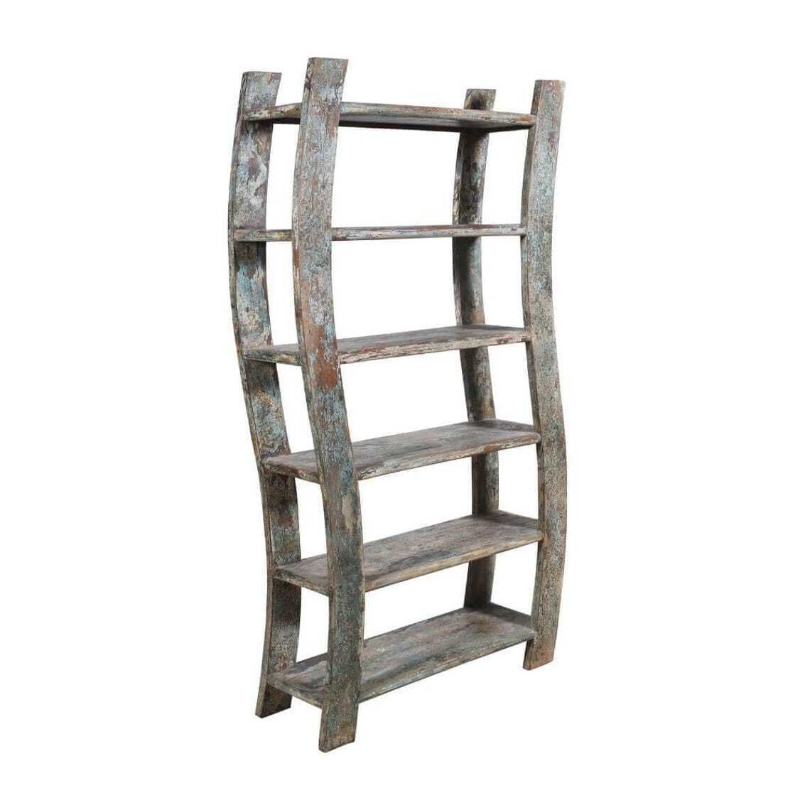 Antique Indian Teak Wood Bookcase   1930s Vintage Shelving Unit With Original Paint photo for sale