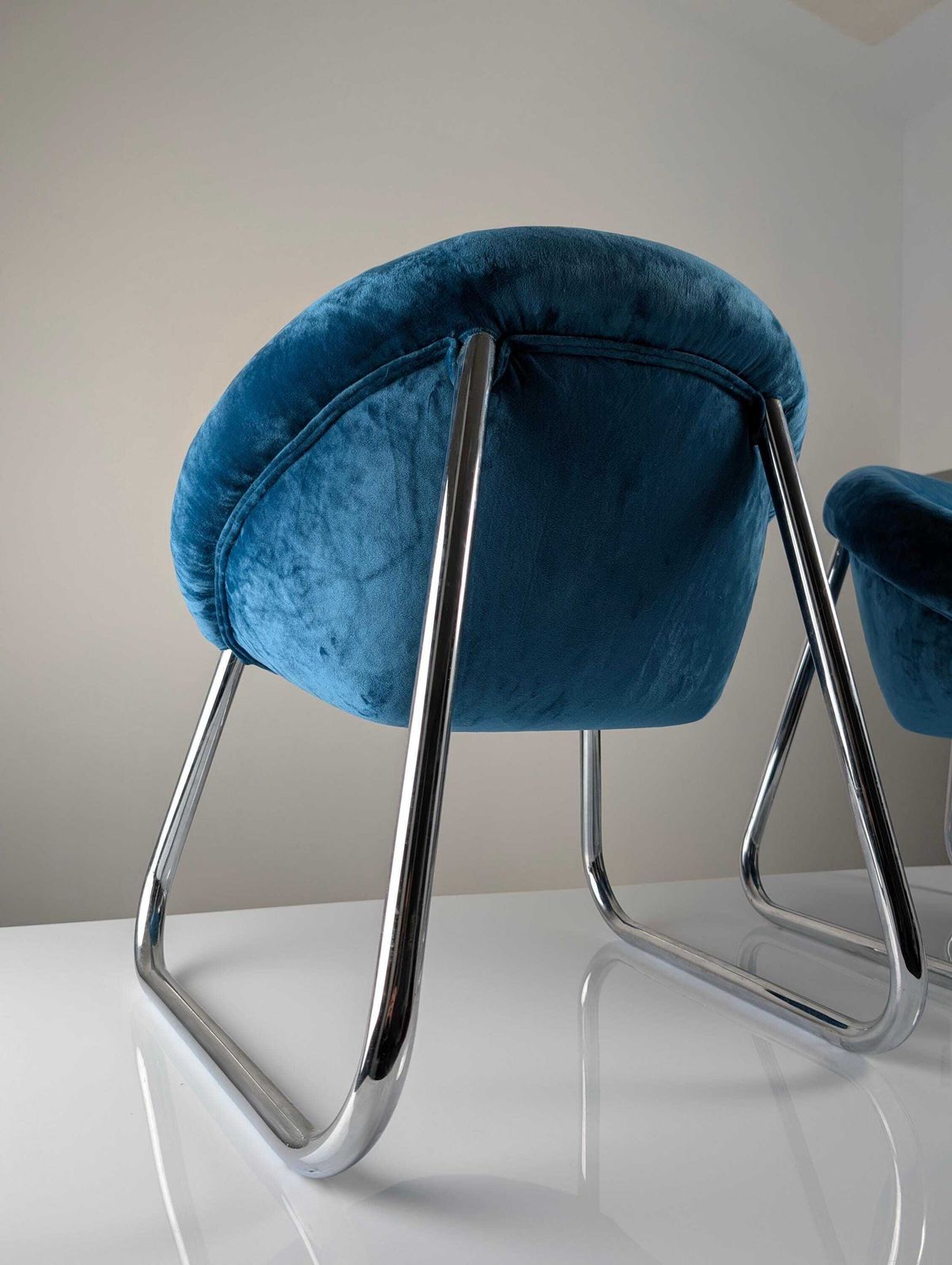 Pair Of Italian Armchairs In Chromed Metal And Blue Velvet, 1970s photo for sale
