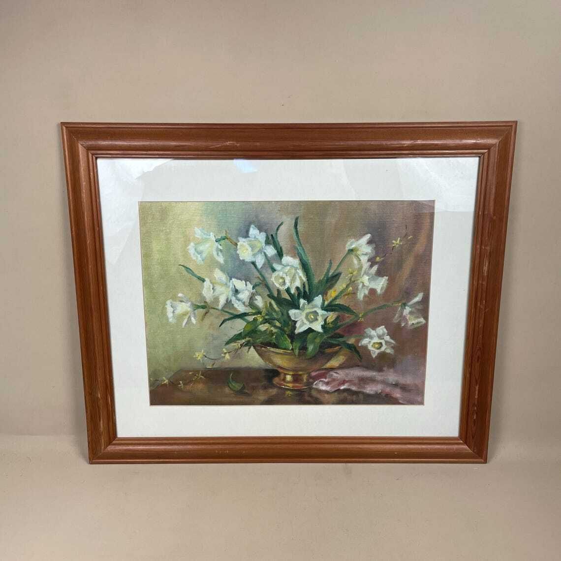 photo furniture Antique Framed Floral Oil Painting Picture Vintage Flowers Wood Frame Painted Art Original Oils Oil Rectangle Landscape Spring Daffodils