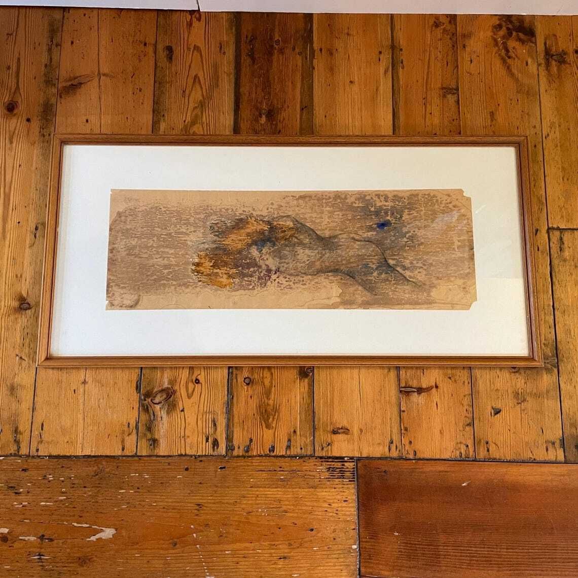 Antique Abstract Art Hand Painted Torso Body Picture Paper Vintage Framed Wood  Original Art Work Rectangle Landscape Paper Old Lady