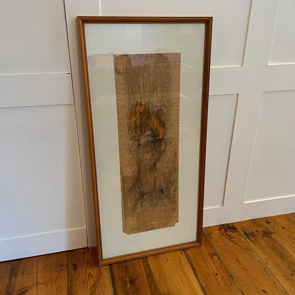 Antique Abstract Art Hand Painted Torso Body Picture Paper Vintage Framed Wood  Original Art Work Rectangle Landscape Paper Old Lady photo 165.0