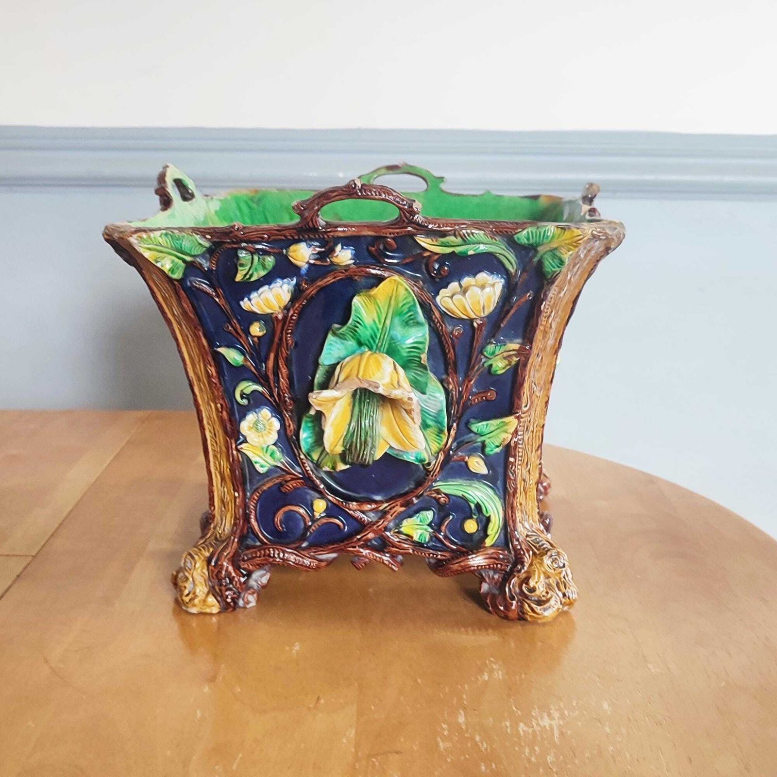 Large Antique 19th C Polychrome Majolica Planter By Wilhelm Schiller & Sons #261 Floral Bohemia Pottery Cobalt Blue Maiden / Gentleman Motif photo for sale