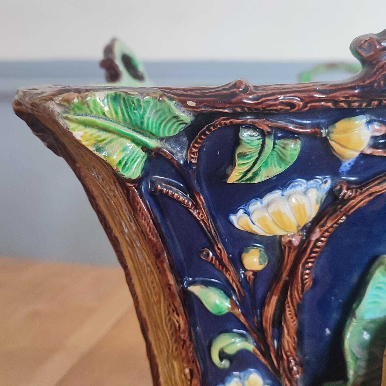 Large Antique 19th C Polychrome Majolica Planter By Wilhelm Schiller & Sons #261 Floral Bohemia Pottery Cobalt Blue Maiden / Gentleman Motif photo 1800.0