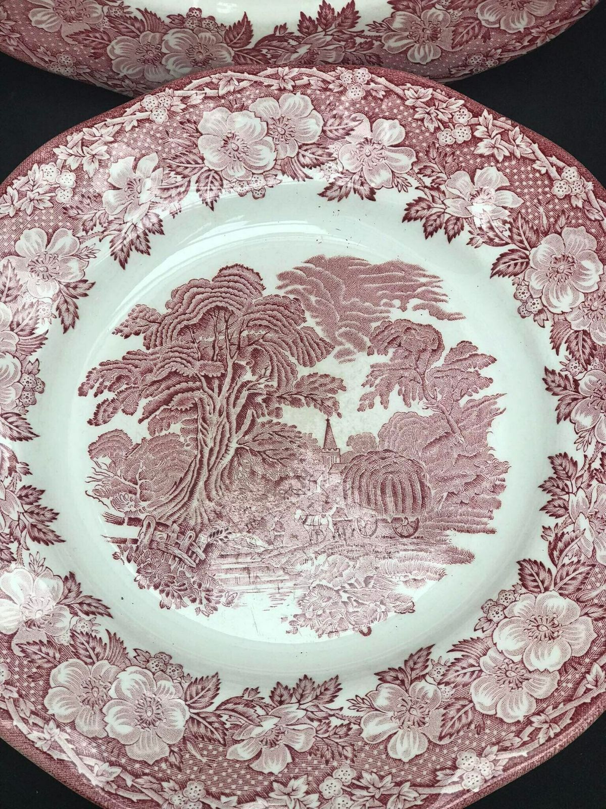 Red Transferware Woodland Vintage English Country 2 Dinner Plates Enoch Wedgwood Tunstall Cottage Red Underglaze Transfer Dinnerware photo vinterior
