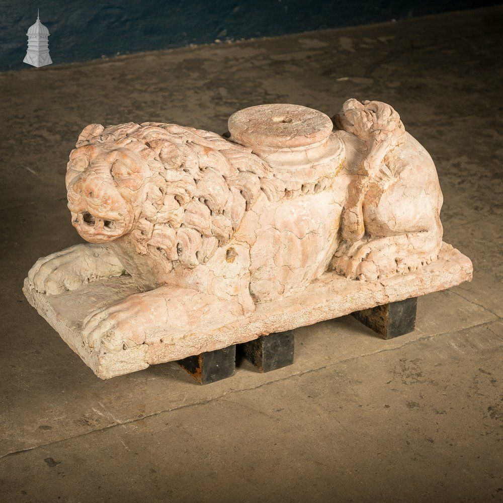 Marble Recumbent Lions Pair – 13th C Rosso Verona Architectural Sculptures photo for sale