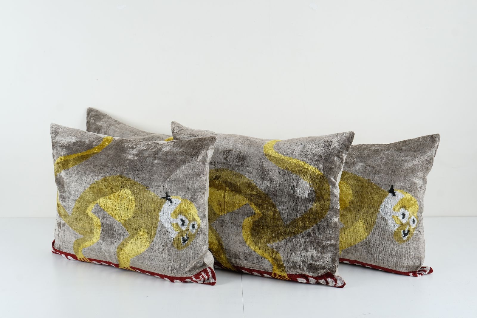 Gray And Yellow Monkey Design Silk Ikat Pillow   Set Of Three Handmade Velvet Decorative Cushion   Exotic Home Decor Bedding Pillowcase photo for sale