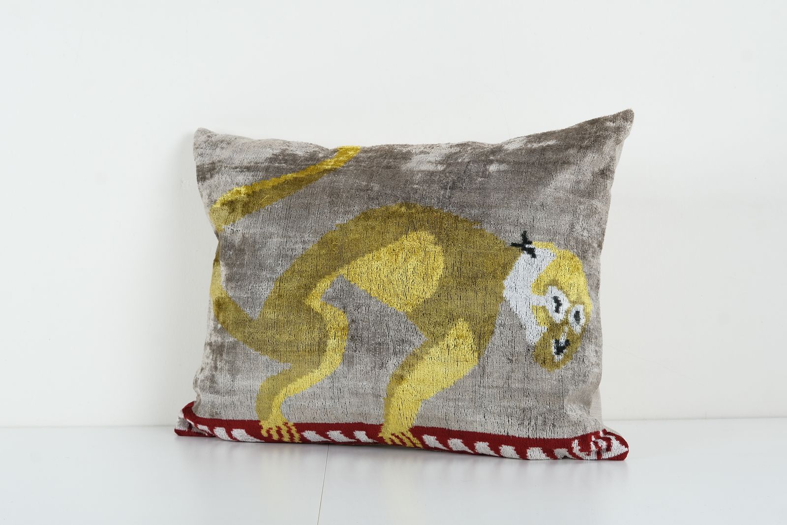 Monkey Design Silk Ikat Pillow   Handmade Decorative Velvet Cushion   Gray And Yellow Exotic Home Decor Custion photo furniture