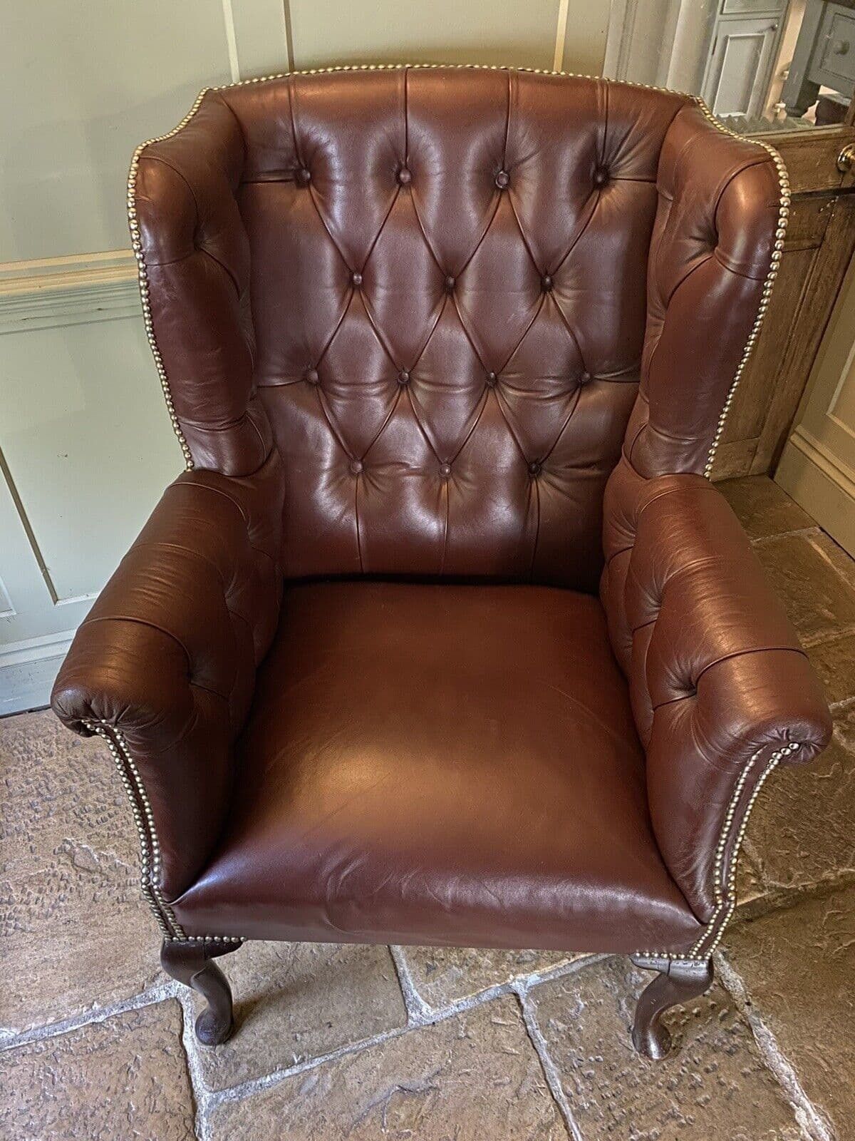 Antique Early C20th Button Wing Back Brown Leather Chesterfield Armchair photo for sale