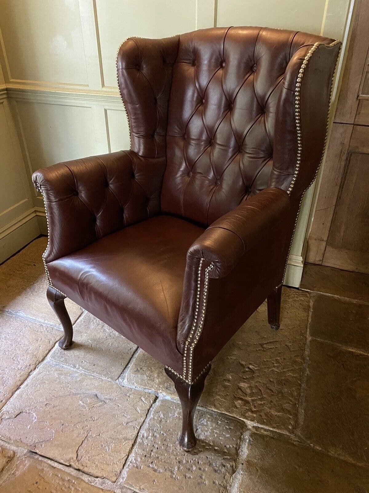 Antique Early C20th Button Wing Back Brown Leather Chesterfield Armchair photo Furniture