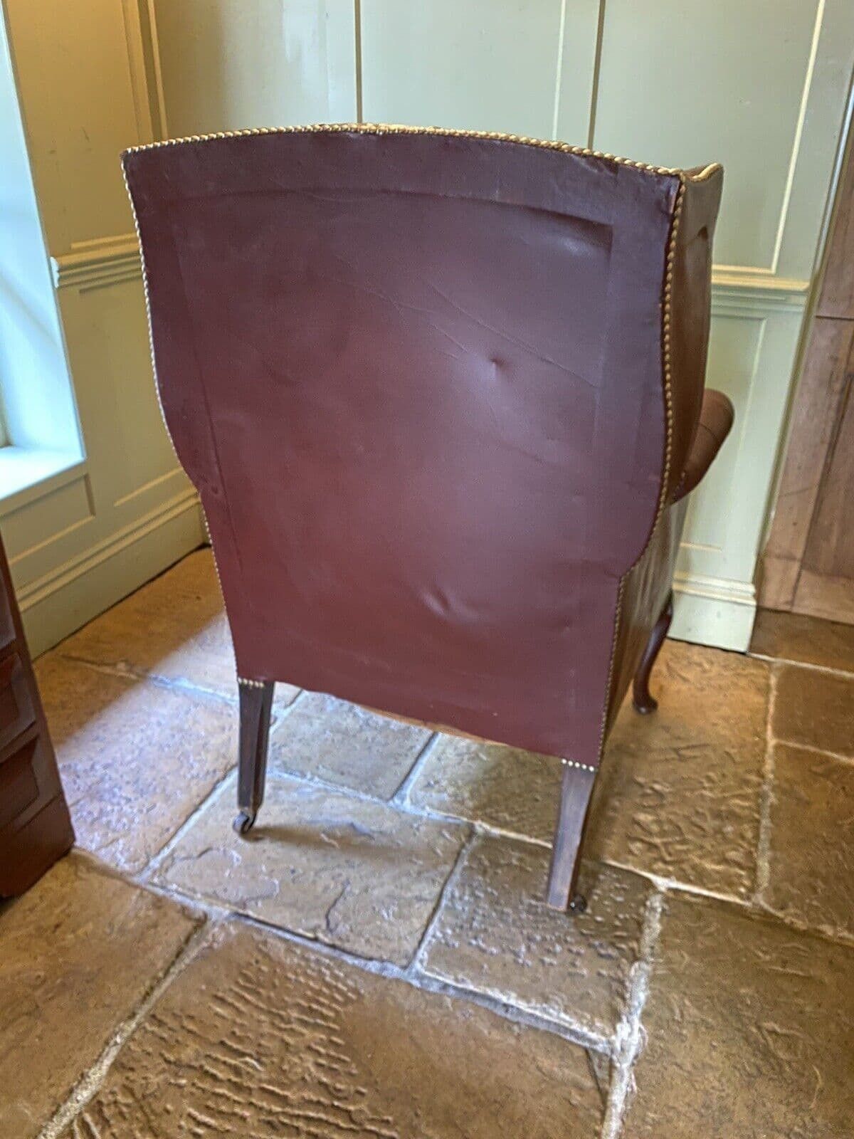 photo for sale Antique Early C20th Button Wing Back Brown Leather Chesterfield Armchair