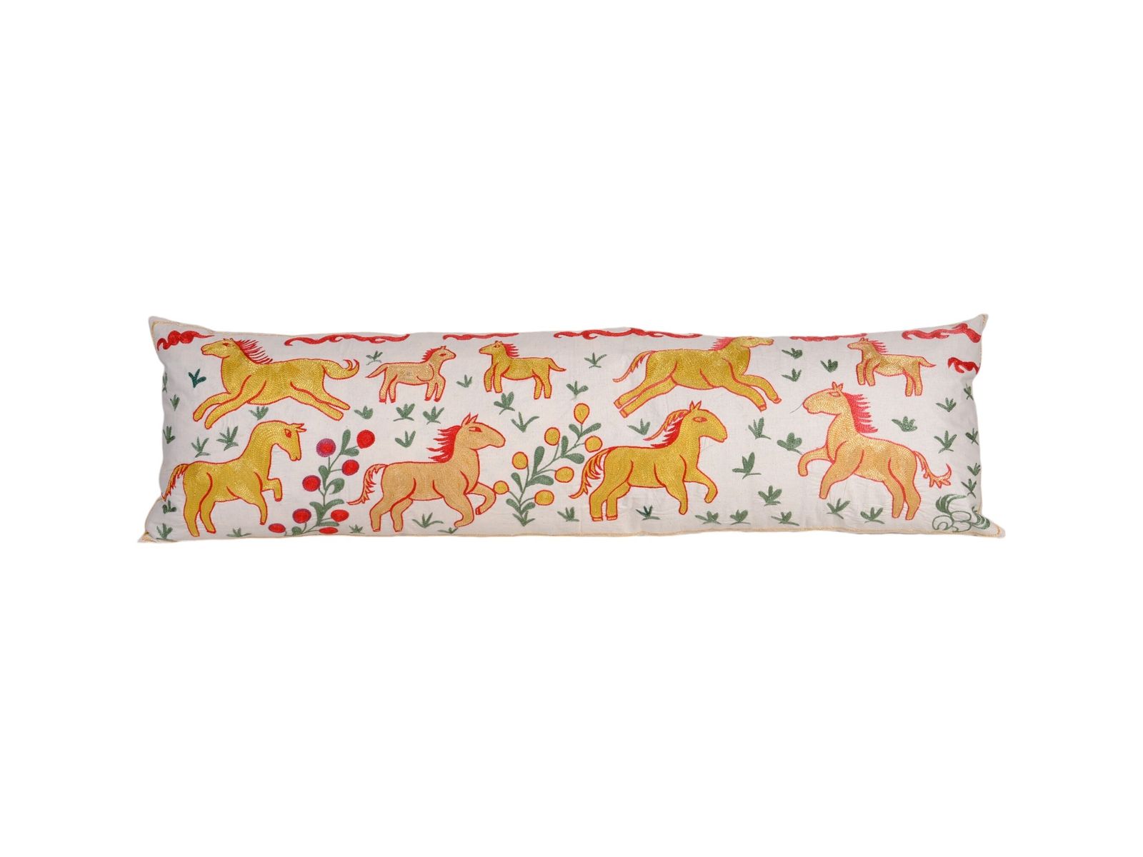 Suzani Horse Bedding Pillows Made From Tashkent Suzani, Yellow Hippie Extra Gold Long Pictorial Cushion