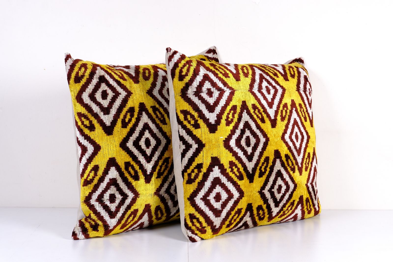 Set Of Two Velvet Ikat Lumbar Pillow Cover, Pair Square Yellow And Burgundy Designer Cushion, Geometric Pattern Uzbek Pillow photo Textiles
