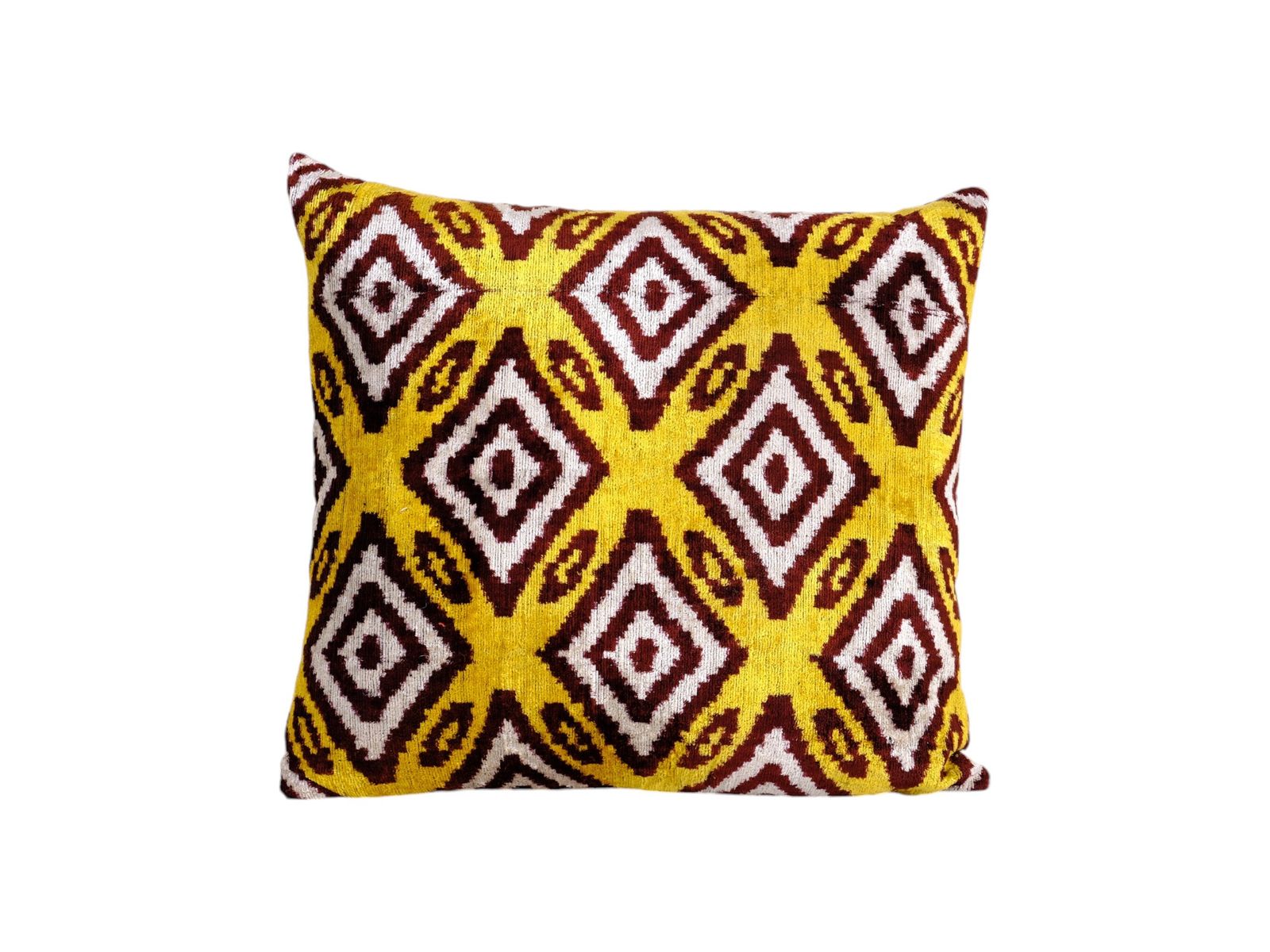 Silk Ikat Velvet Pillow Cover – Square Yellow And Burgundy Geometric Cushion – Turkish Bohemian Decor Mid Century Accent Pillow