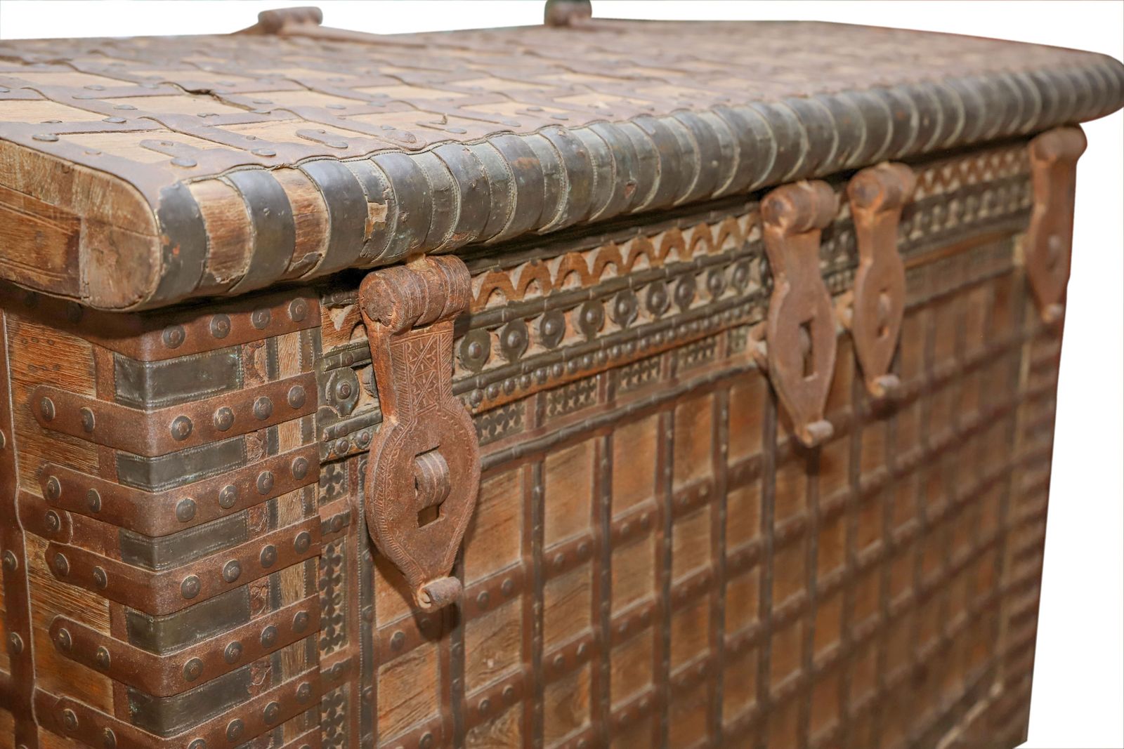 Antique Damchiya Bridal Dowry Chest With Four Distinct Iron Locks, Circa 1890 photo vintage