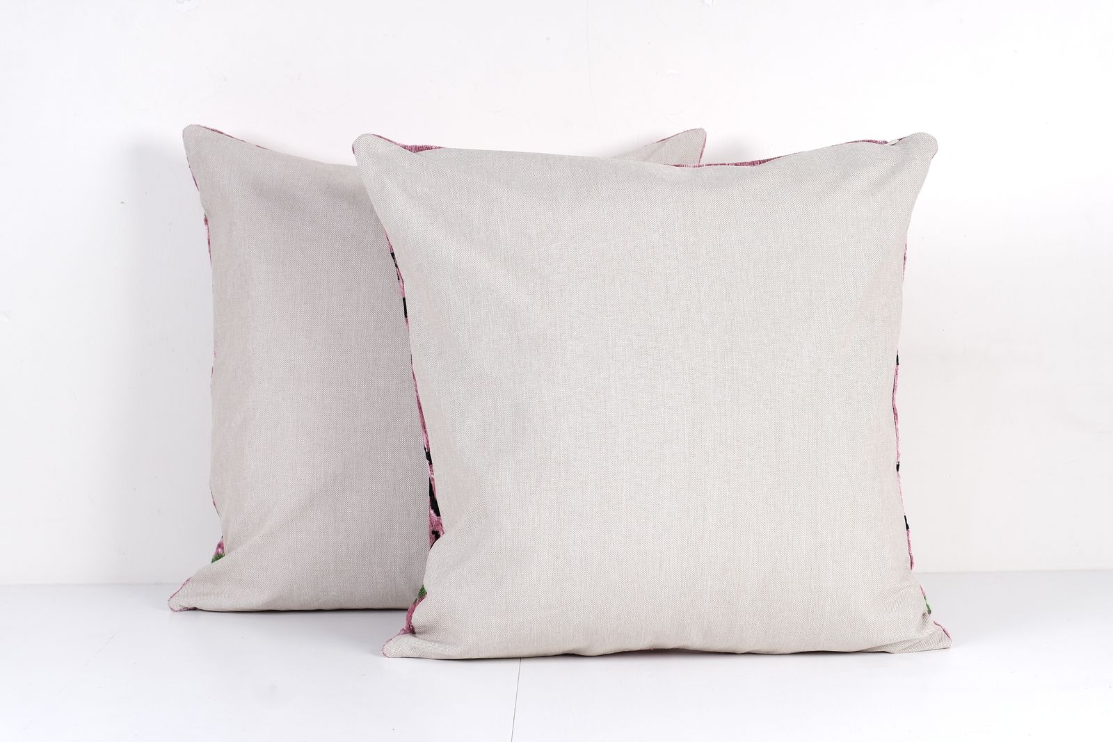 Set Of Two Handcrafted Pink Velvet Pillow Cover   Pair Ikat Floral Design For Elegant Spaces photo for sale