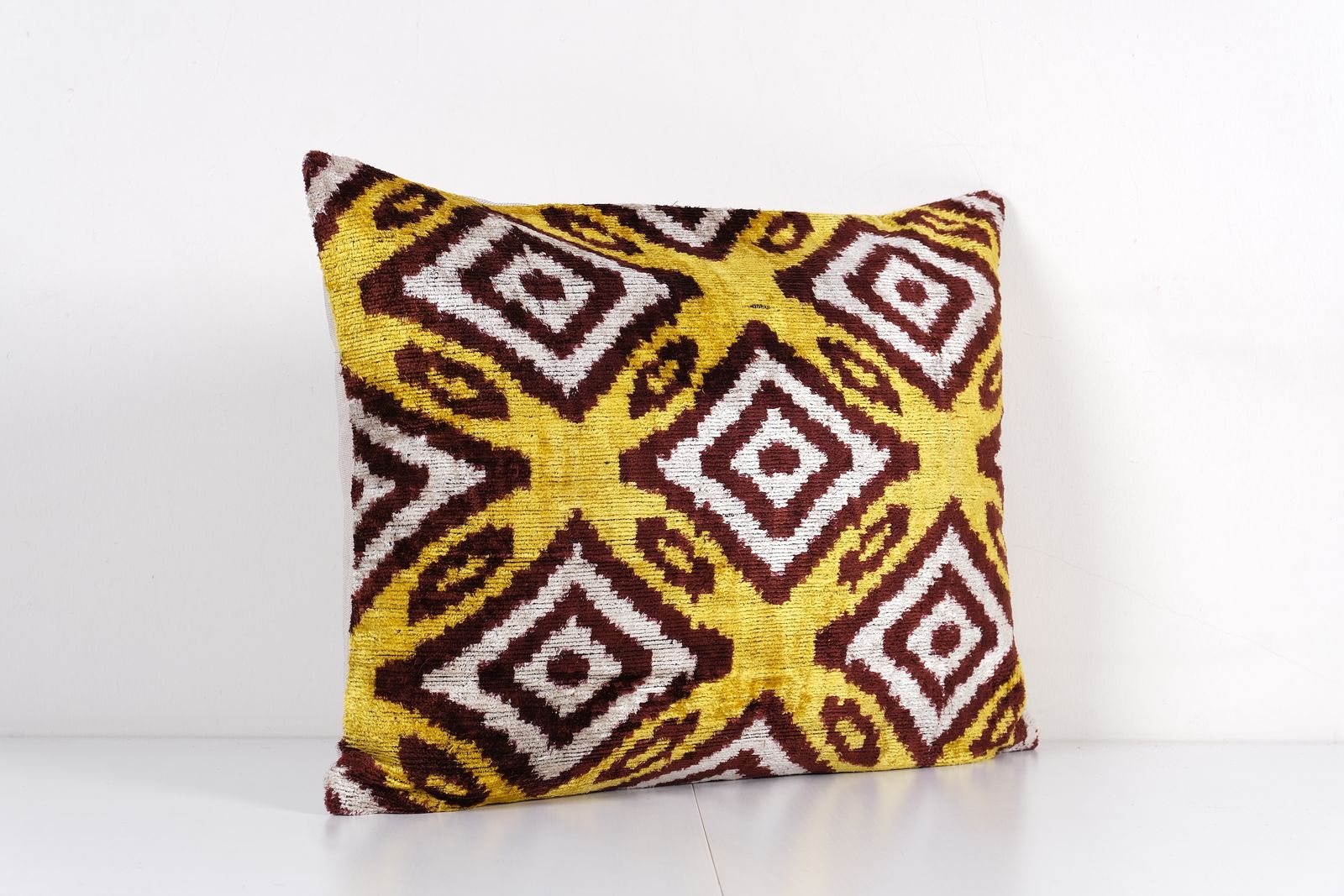 Silk Ikat Velvet Pillow Cover – Yellow And Burgundy Geometric Pattern – Turkish Bohemian Accent Cushion photo furniture