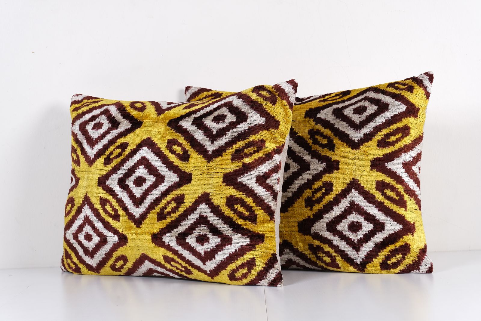 Turkish Ikat Velvet Cushion – Set Of Two Handmade Yellow And Burgundy Pillow Cover – Boho Style Decor photo Textiles
