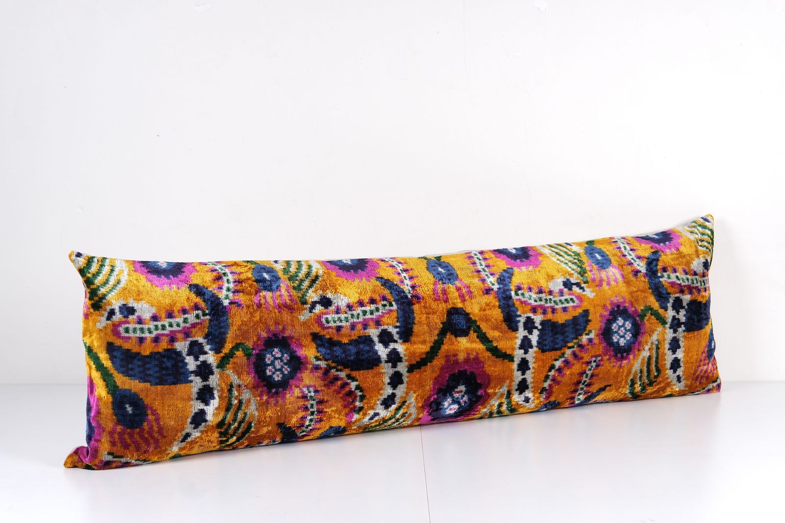 Orange Extra Long Ikat Velvet Pillow, Floral Printed Lumbar Pillows, Handloom Bedding Cushion Cover photo furniture