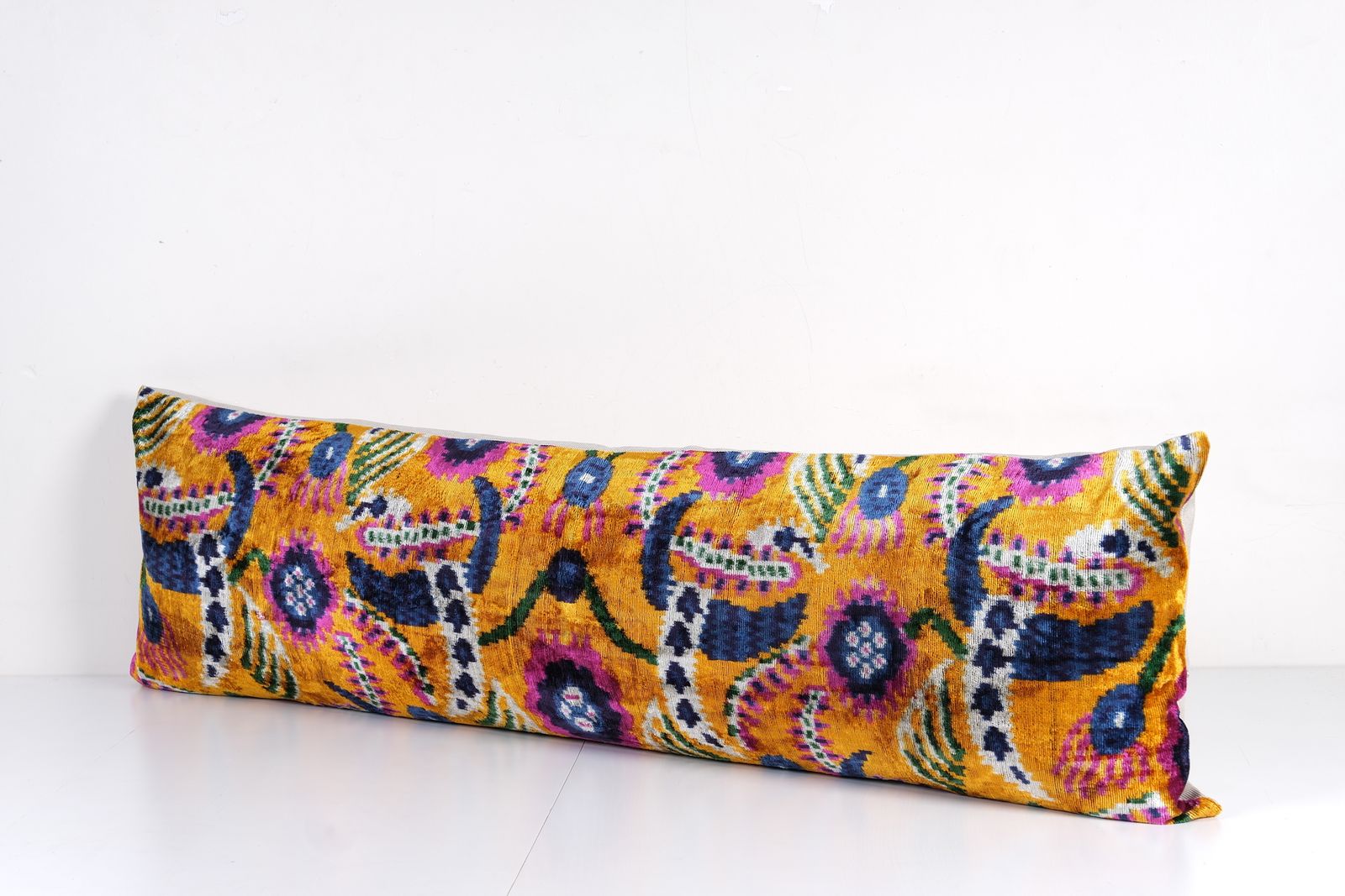 Orange Extra Long Ikat Velvet Pillow, Floral Printed Lumbar Pillows, Handloom Bedding Cushion Cover photo for sale
