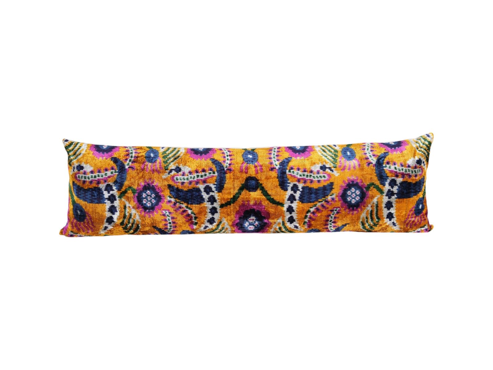 Orange Extra Long Ikat Velvet Pillow, Floral Printed Lumbar Pillows, Handloom Bedding Cushion Cover