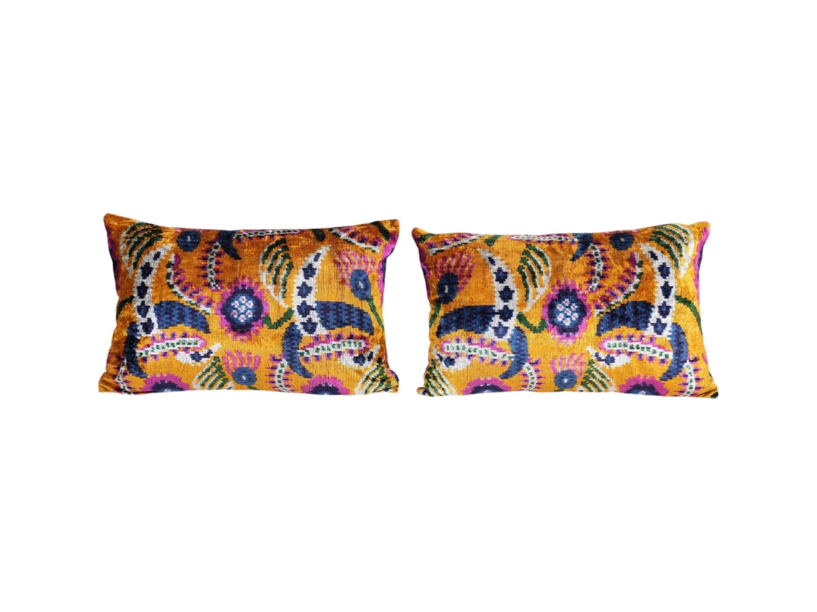 Orange Velvet Ikat Cushion   Pair Silk Floral Lumbar Pillow Cover