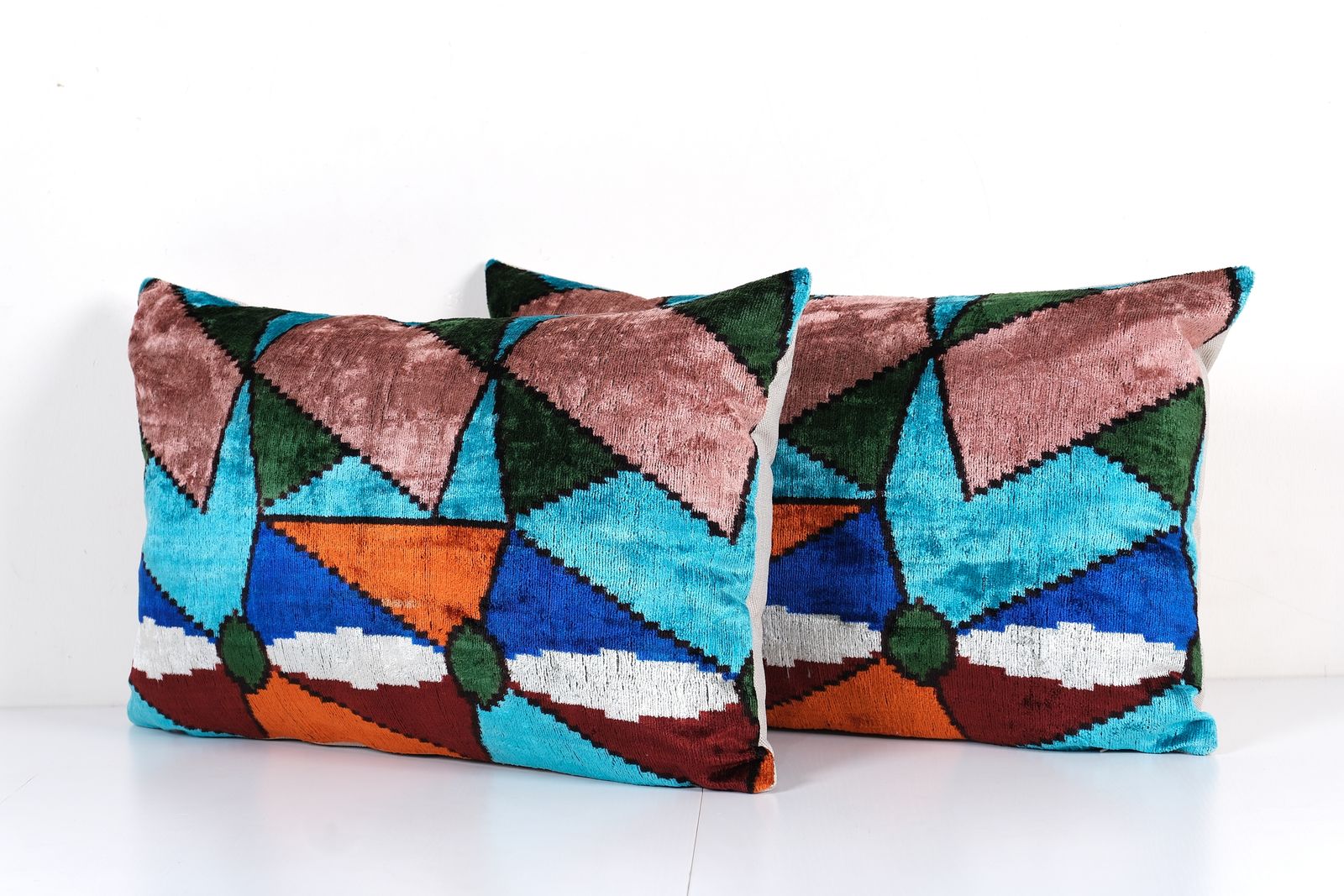 Geometric Silk Velvet Pillow Cover – Set Of Two Blue, Orange, And Pink Pattern Cushion Cover photo for sale