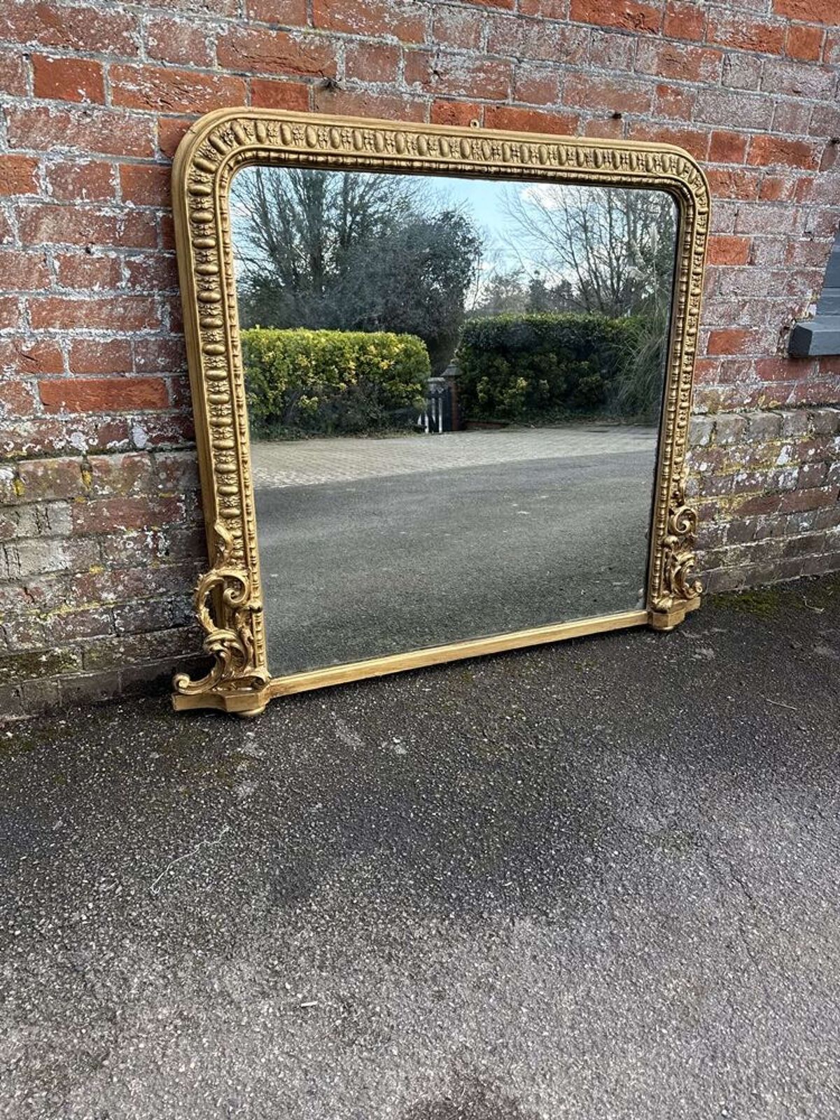 A Superb Large Antique English 19th C Arched Gilt Overmantle Mirror.