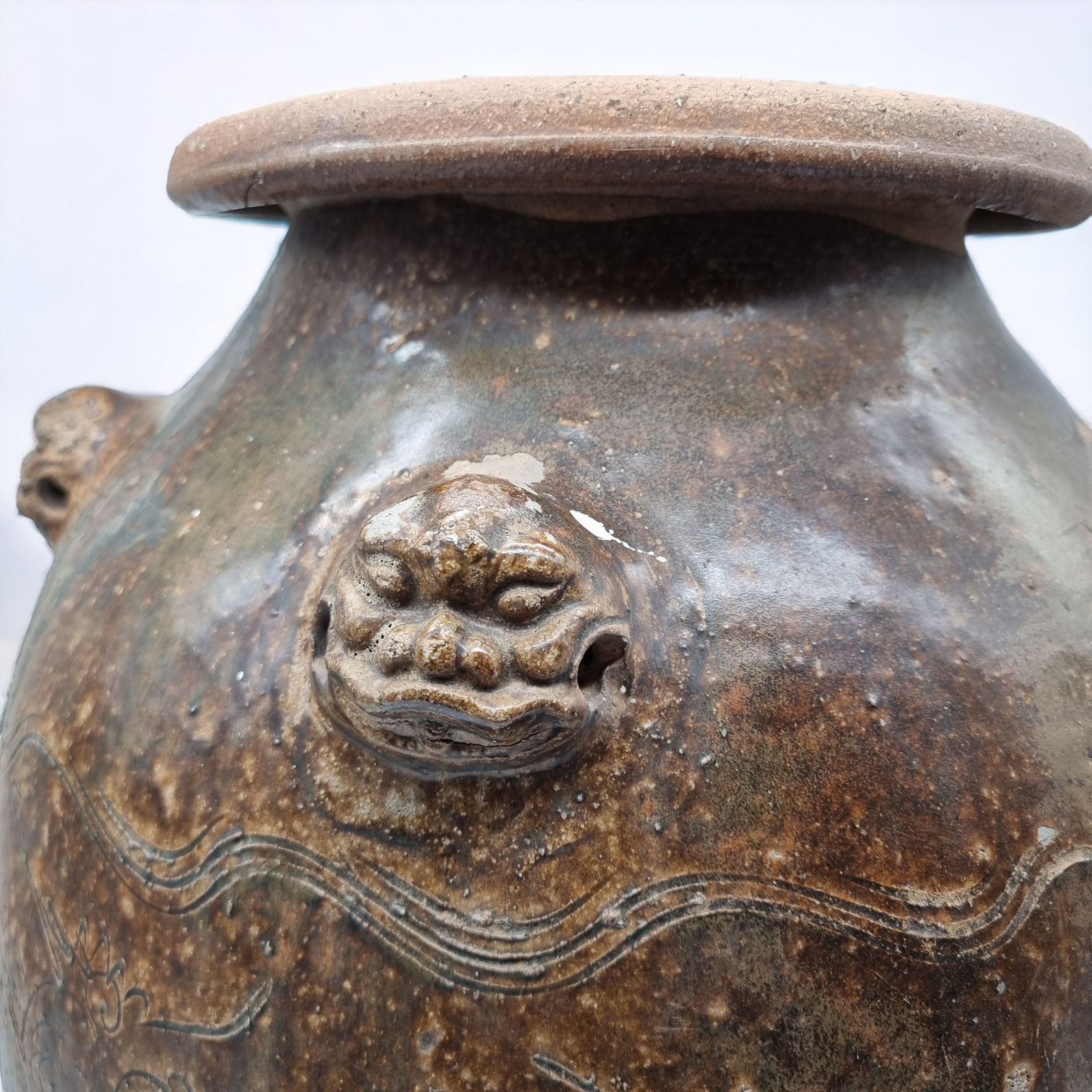 Antique 18th Century Chinese Martaban Jar | Brown Glazed Ceramic Storage Vessel With Dragon Head Handles & Engraved Motifs photo 579.0