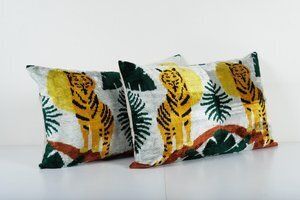 Silk Tiger Ikat Bedding Velvet Pillow, Set Of Two Yellow Animal Pattern Ethnic Cushion, Handloom Ethnic Pillow Cover photo for sale