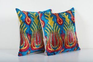 Red And Blue Ikat Velvet Cushion Cover   Set Of Two Floral Turkish Tulip Design Pillow photo for sale