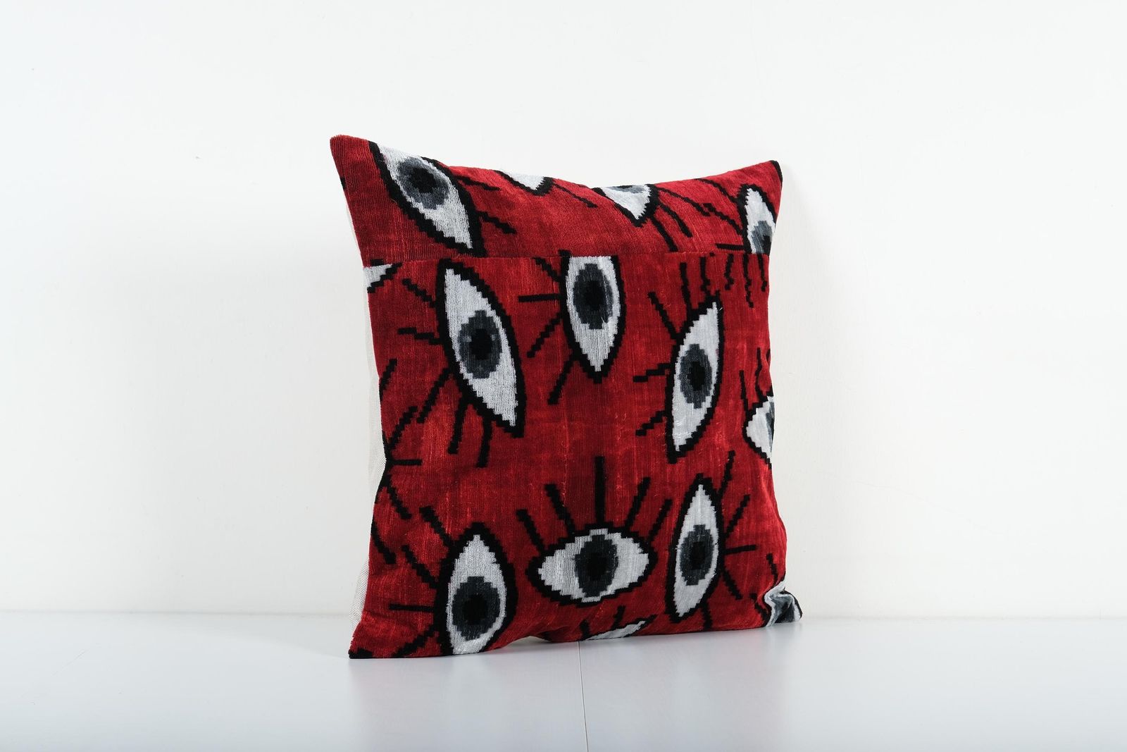 Turkish Red Velvet Pillow   Square Ikat Evil Eye Cushion For Home Decor photo for sale