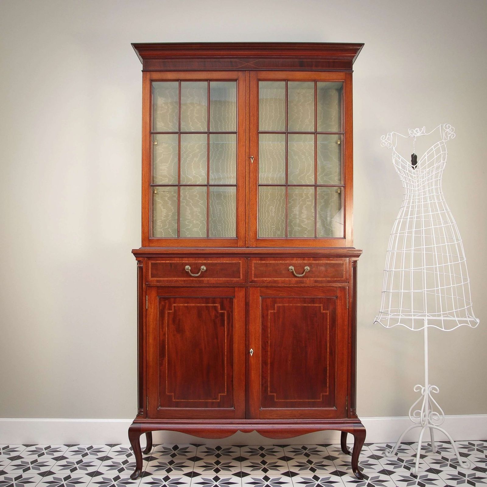 Antique Edwardian Inlaid Mahogany Bookcase On Cabriole Legs.