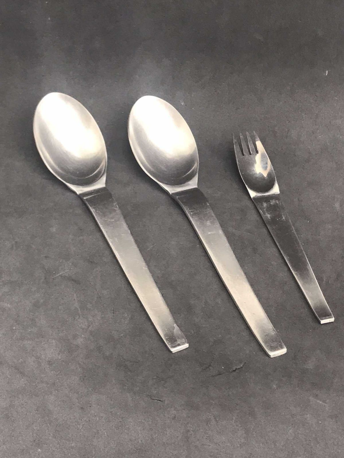 Modernist Flatware Spare 2 Soup Spoons 1 Fork Carl Auböck Design For Morinox And Amboss 50s Post Modern Lunik 2060 Modern Austrian Design photo for sale