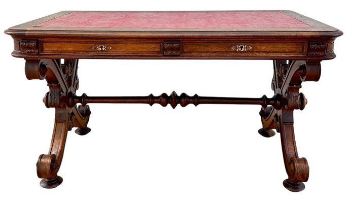 19th Century Spanish Carved Walnut Desk With Two Drawers & Strong Legs, 1890s