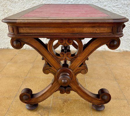 19th Century Spanish Carved Walnut Desk With Two Drawers & Strong Legs, 1890s photo vintage