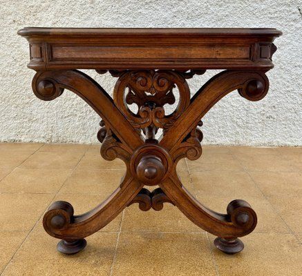 photo furniture 19th Century Spanish Carved Walnut Desk With Two Drawers & Strong Legs, 1890s