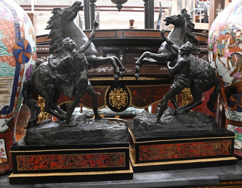 Antique Bronze Marley Horse Statue Boulle Pedestal Base photo furniture