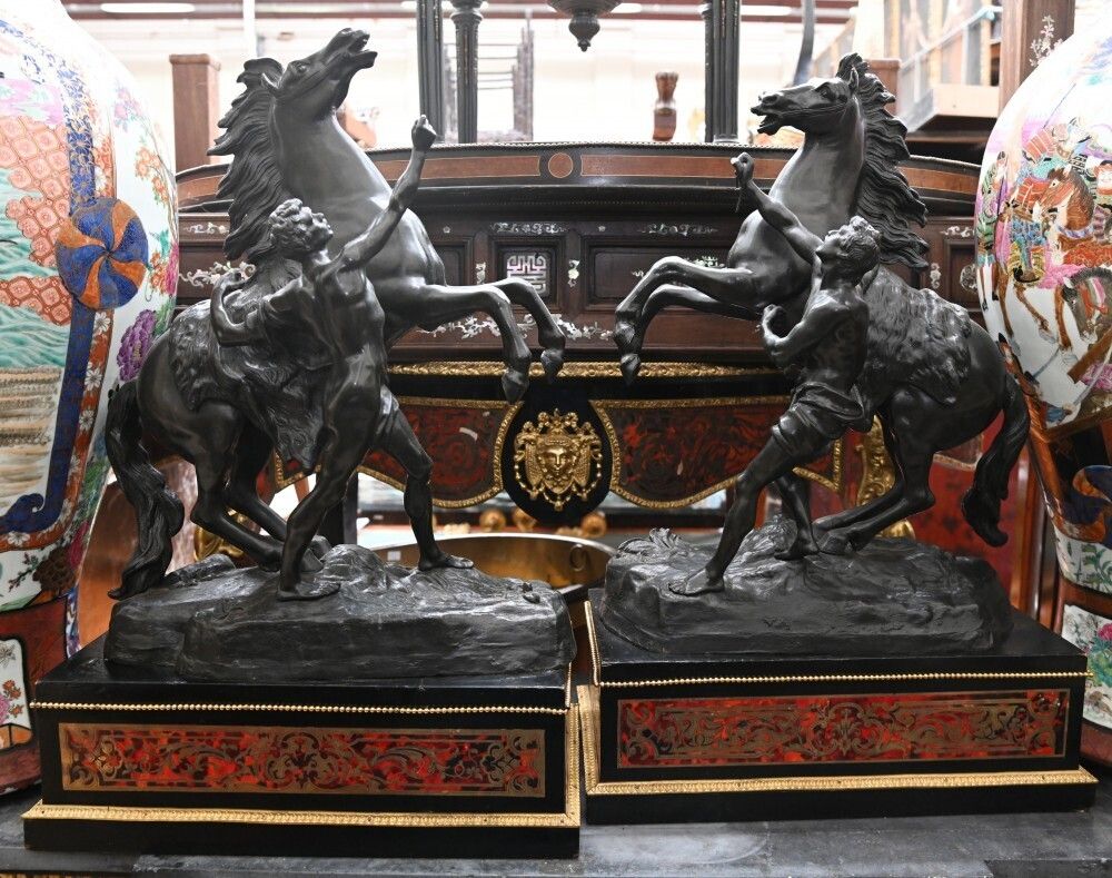 Antique Bronze Marley Horse Statue Boulle Pedestal Base photo for sale