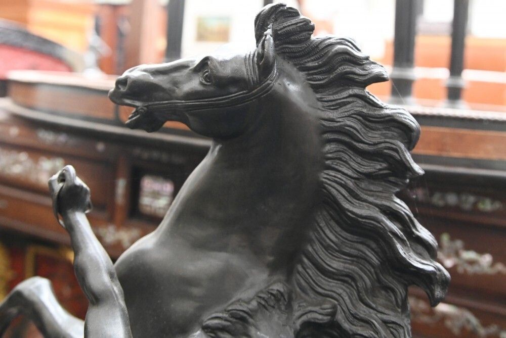 Antique Bronze Marley Horse Statue Boulle Pedestal Base photo vintage