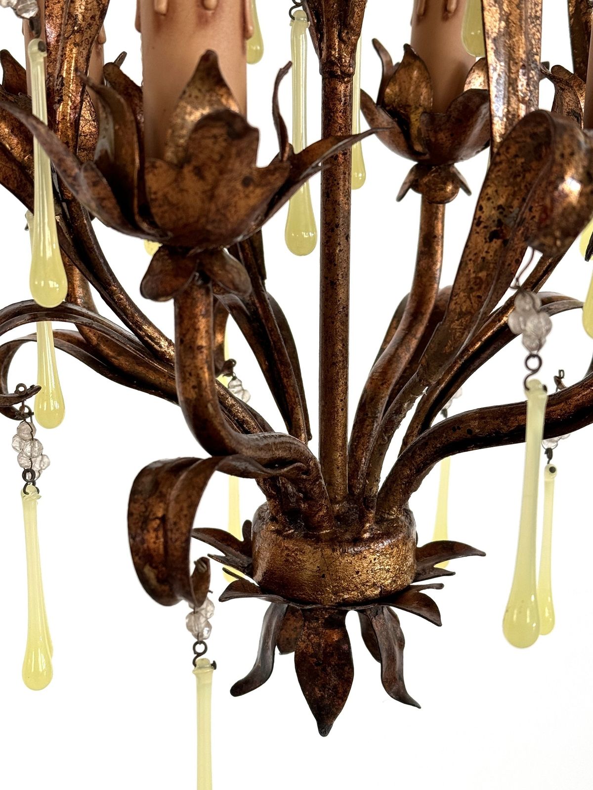 Italian Mid Century Murano Glass Gilt Chandelier With Yellow Glass Drops, 1960s photo for sale