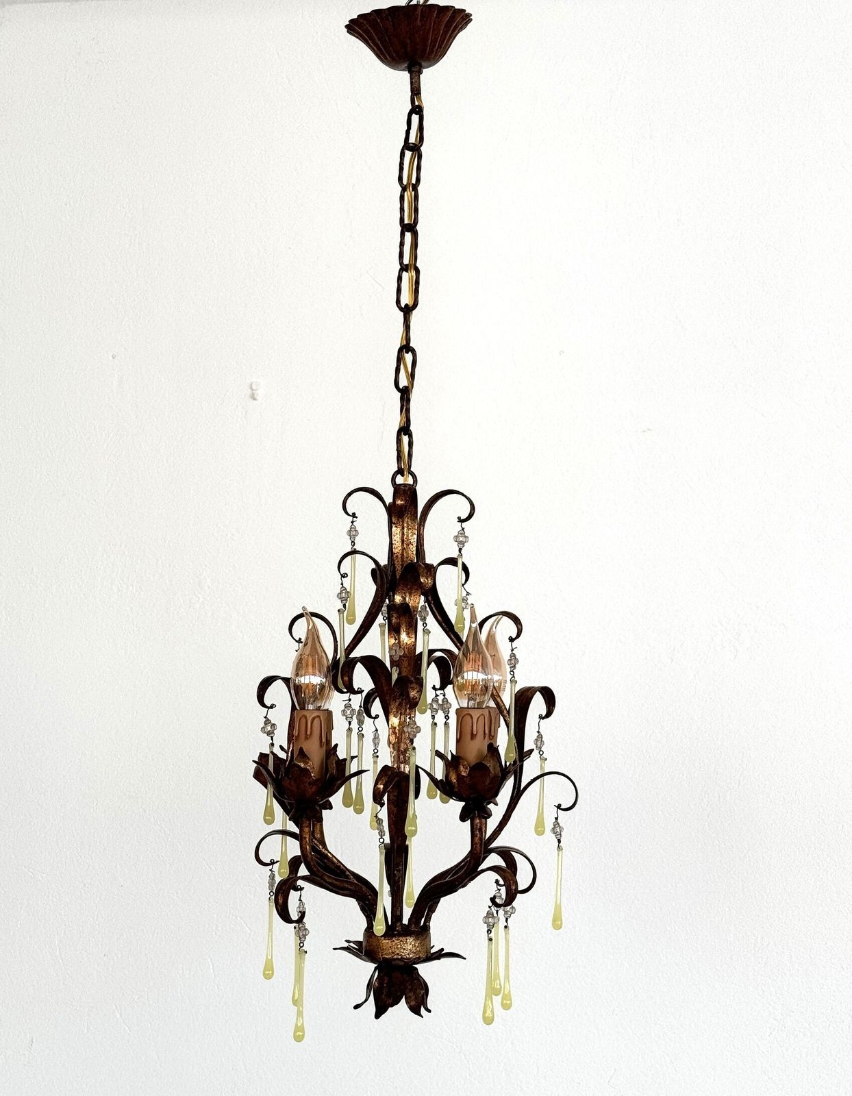 Italian Mid Century Murano Glass Gilt Chandelier With Yellow Glass Drops, 1960s photo Lighting