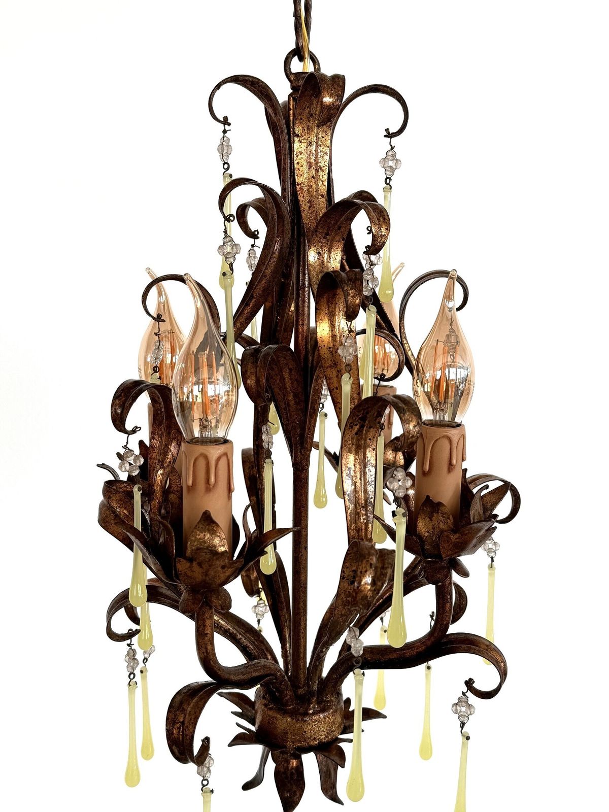 Lighting Italian Mid Century Murano Glass Gilt Chandelier With Yellow Glass Drops, 1960s photo