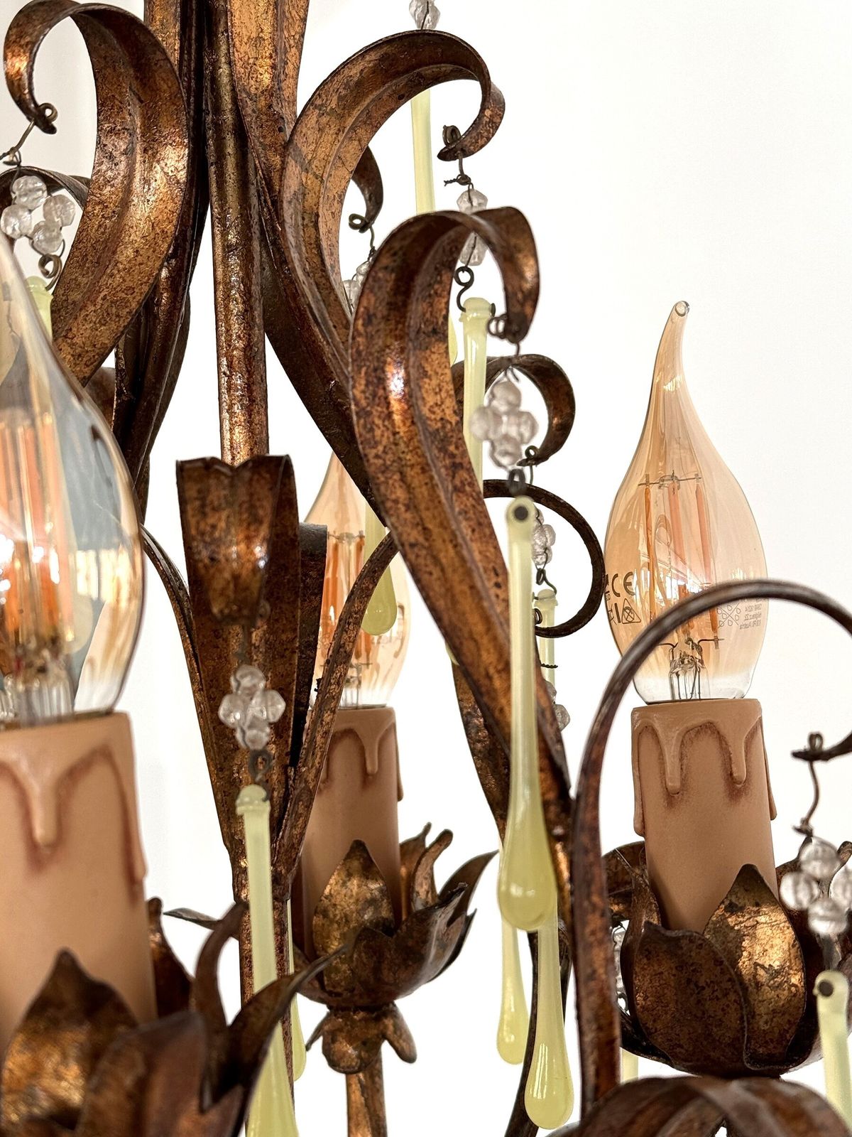 1300.0 Italian Mid Century Murano Glass Gilt Chandelier With Yellow Glass Drops, 1960s photo