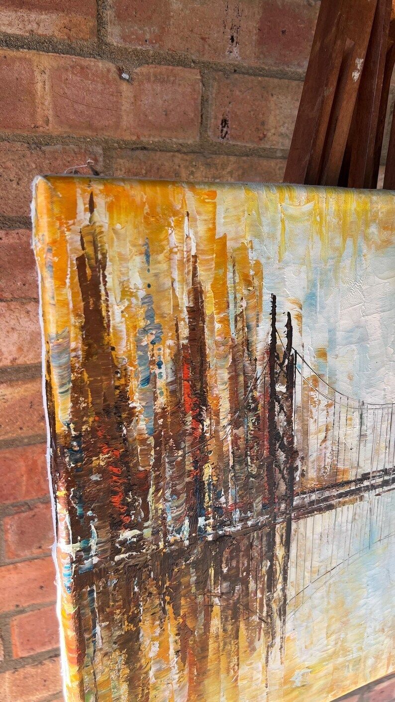 Textured Oil Painting On Canvas – Abstract Cityscape With Bridge photo for sale
