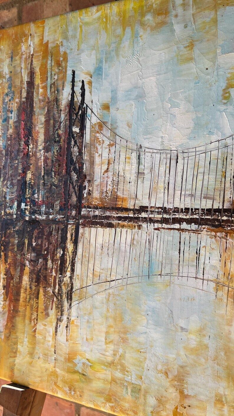 Textured Oil Painting On Canvas – Abstract Cityscape With Bridge photo Art